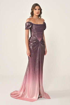 Long Dress with Dropped Shoulders, Draping, Front Slit, and Shiny Fabric