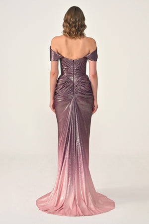 Long Dress with Dropped Shoulders, Draping, Front Slit, and Shiny Fabric