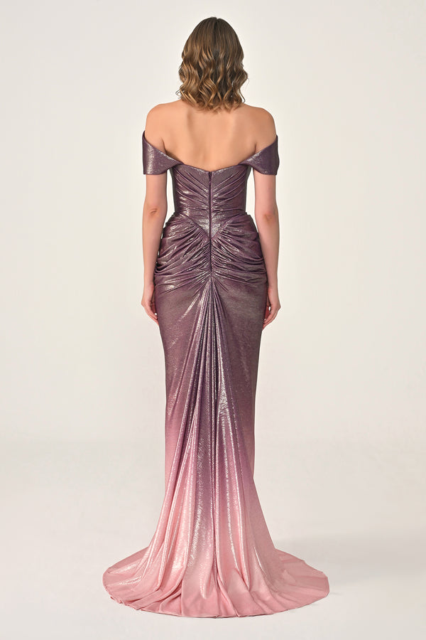 Long Dress with Dropped Shoulders, Draping, Front Slit, and Shiny Fabric