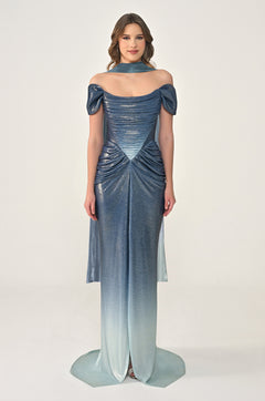 Long Dress with Dropped Shoulders, Draping, Front Slit, and Shiny Fabric