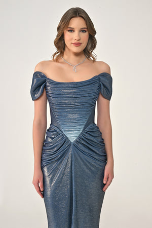 Long Dress with Dropped Shoulders, Draping, Front Slit, and Shiny Fabric