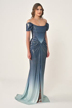 Long Dress with Dropped Shoulders, Draping, Front Slit, and Shiny Fabric