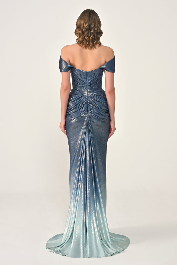 Long Dress with Dropped Shoulders, Draping, Front Slit, and Shiny Fabric