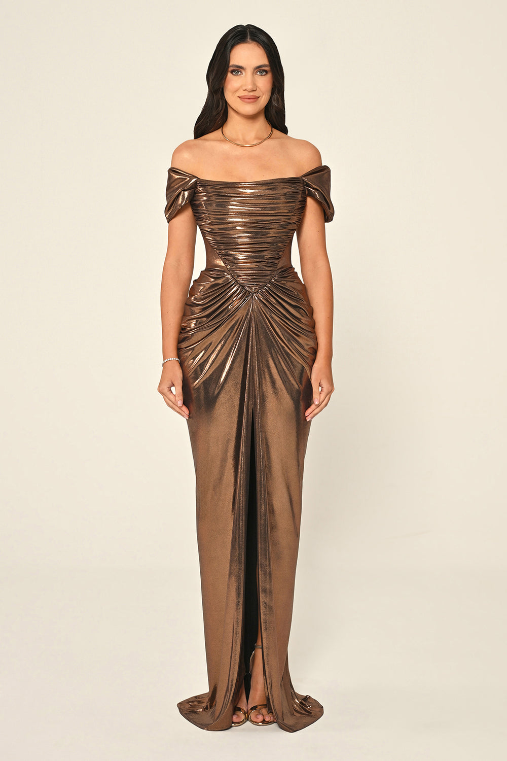 Dropped Shoulder Draped Front Slit Shiny Chiffon Long Dress