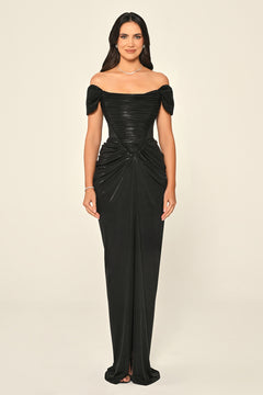 Dropped Shoulder Draped Front Slit Shiny Chiffon Long Dress