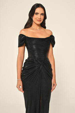 Dropped Shoulder Draped Front Slit Shiny Chiffon Long Dress