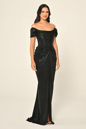 Dropped Shoulder Draped Front Slit Shiny Chiffon Long Dress