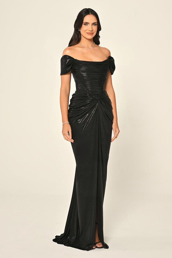Dropped Shoulder Draped Front Slit Shiny Chiffon Long Dress