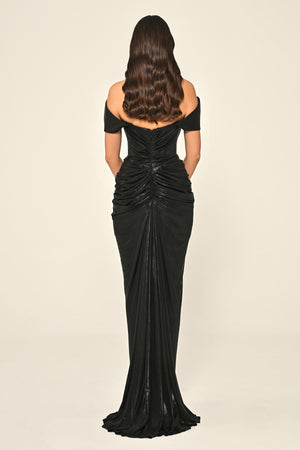 Dropped Shoulder Draped Front Slit Shiny Chiffon Long Dress
