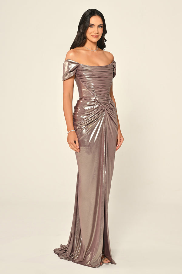 Dropped Shoulder Draped Front Slit Shiny Chiffon Long Dress