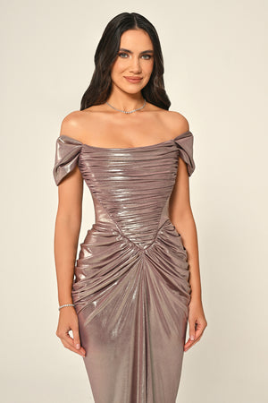 Dropped Shoulder Draped Front Slit Shiny Chiffon Long Dress
