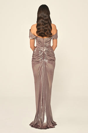 Dropped Shoulder Draped Front Slit Shiny Chiffon Long Dress