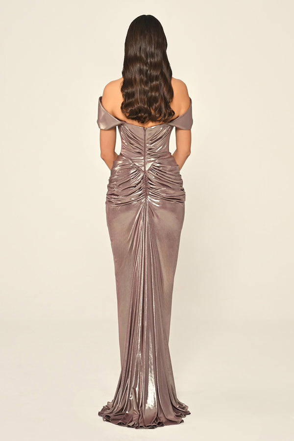 Dropped Shoulder Draped Front Slit Shiny Chiffon Long Dress