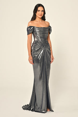 Dropped Shoulder Draped Front Slit Shiny Chiffon Long Dress