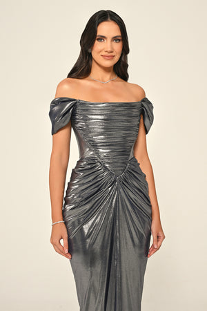 Dropped Shoulder Draped Front Slit Shiny Chiffon Long Dress