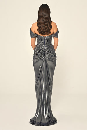 Dropped Shoulder Draped Front Slit Shiny Chiffon Long Dress