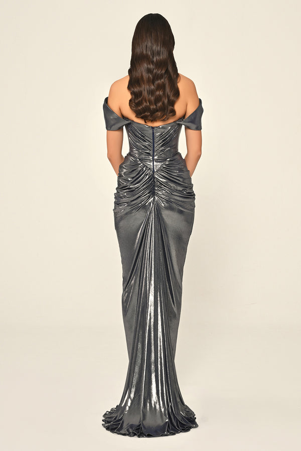 Dropped Shoulder Draped Front Slit Shiny Chiffon Long Dress