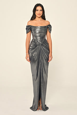 Dropped Shoulder Draped Front Slit Shiny Chiffon Long Dress