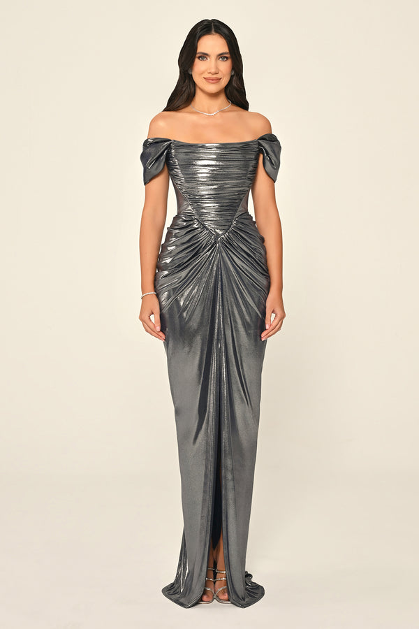 Dropped Shoulder Draped Front Slit Shiny Chiffon Long Dress