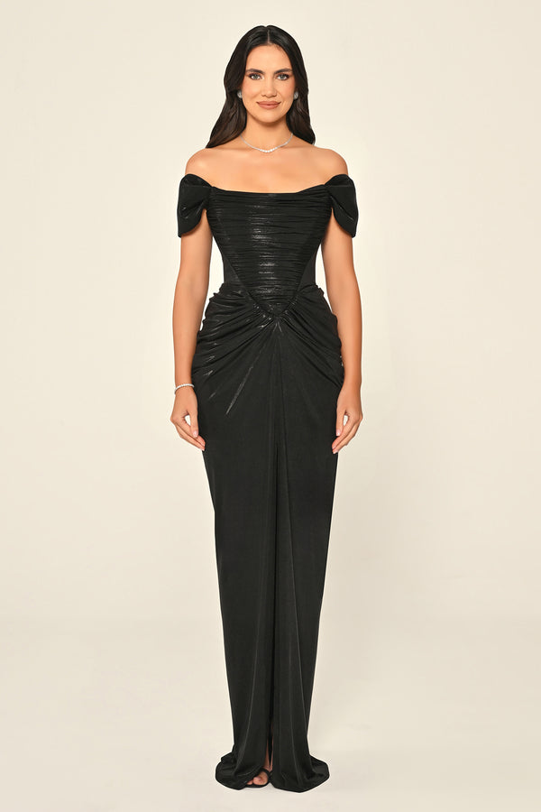 Dropped Shoulder Draped Front Slit Shiny Chiffon Long Dress