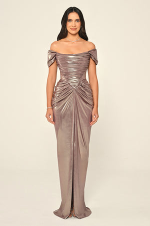 Dropped Shoulder Draped Front Slit Shiny Chiffon Long Dress