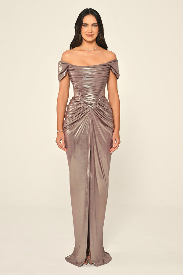 Dropped Shoulder Draped Front Slit Shiny Chiffon Long Dress