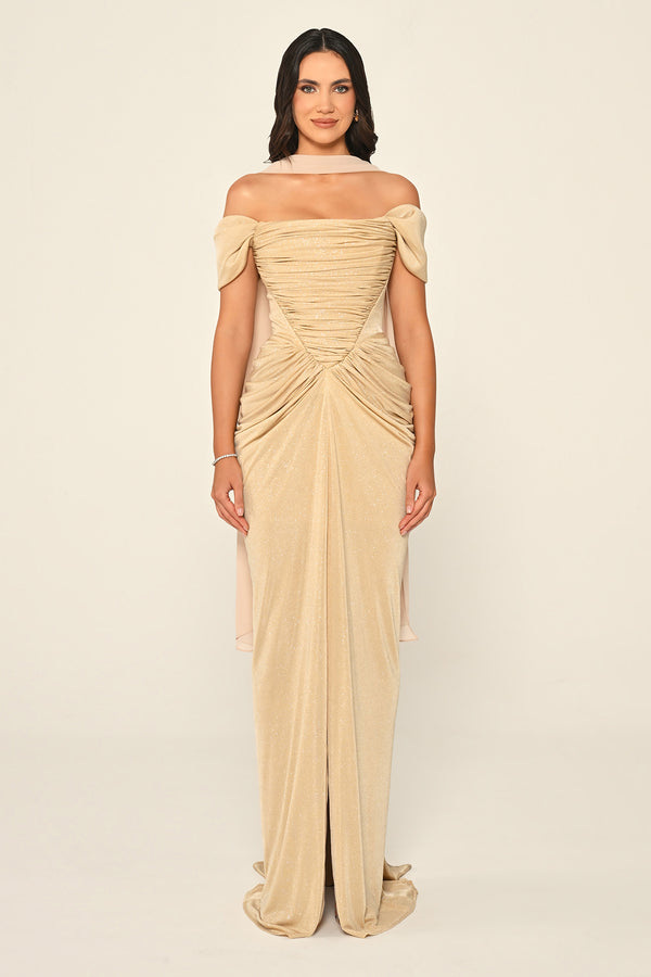 Dropped Sleeve Draped Front Slit Shimmer Fabric Long Dress