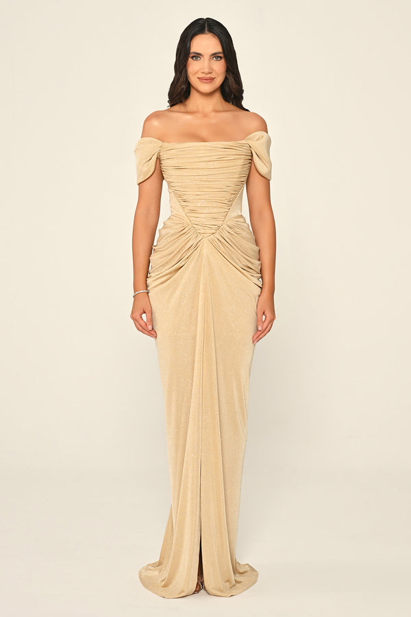Dropped Sleeve Draped Front Slit Shimmer Fabric Long Dress