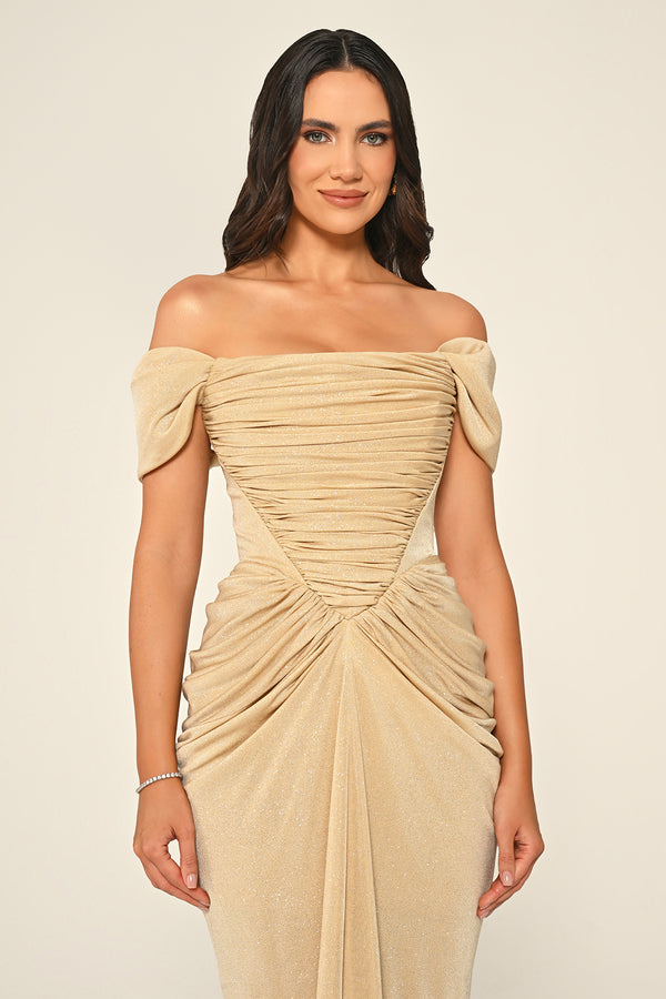 Dropped Sleeve Draped Front Slit Shimmer Fabric Long Dress