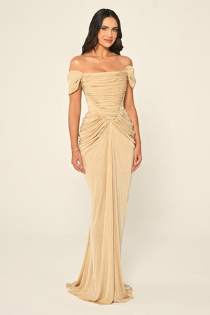 Dropped Sleeve Draped Front Slit Shimmer Fabric Long Dress
