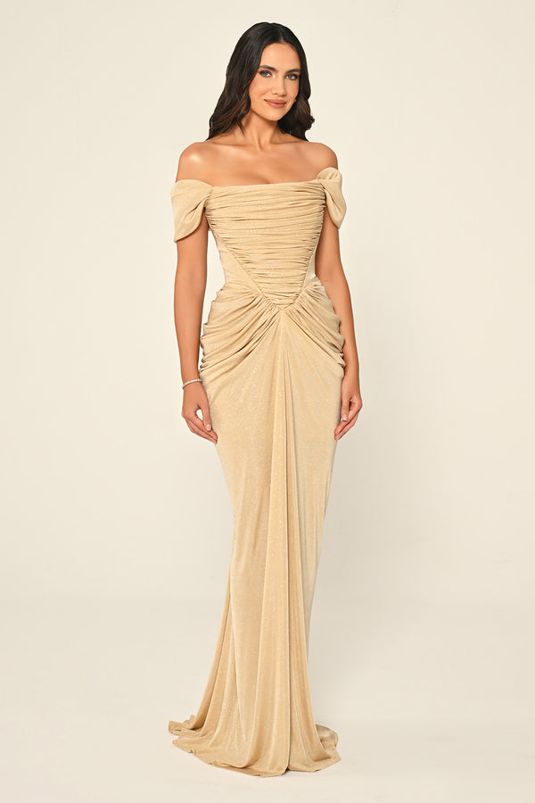 Dropped Sleeve Draped Front Slit Shimmer Fabric Long Dress