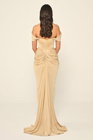 Dropped Sleeve Draped Front Slit Shimmer Fabric Long Dress