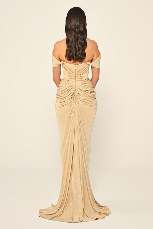 Dropped Sleeve Draped Front Slit Shimmer Fabric Long Dress