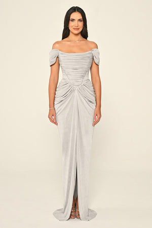 Dropped Sleeve Draped Front Slit Shimmer Fabric Long Dress
