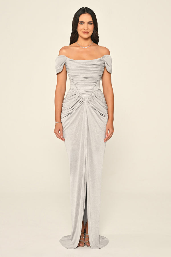 Dropped Sleeve Draped Front Slit Shimmer Fabric Long Dress