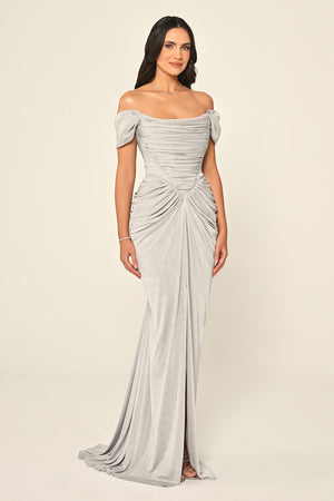 Dropped Sleeve Draped Front Slit Shimmer Fabric Long Dress