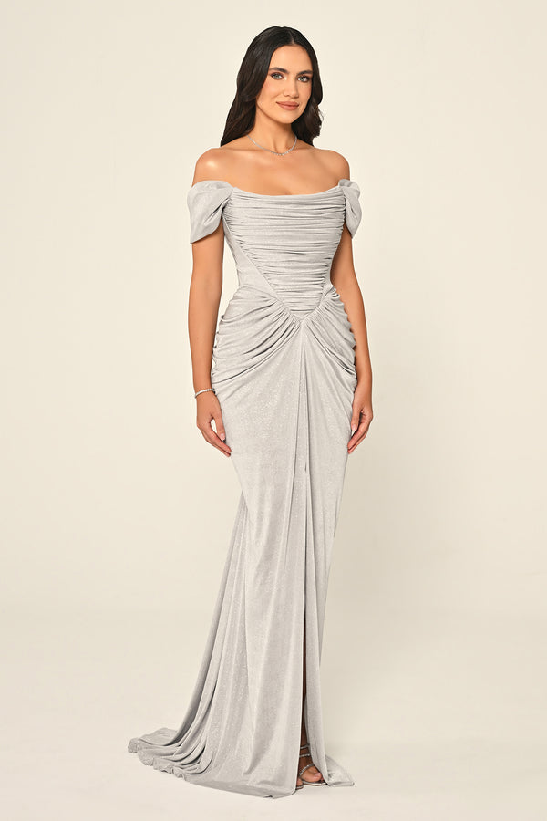 Dropped Sleeve Draped Front Slit Shimmer Fabric Long Dress