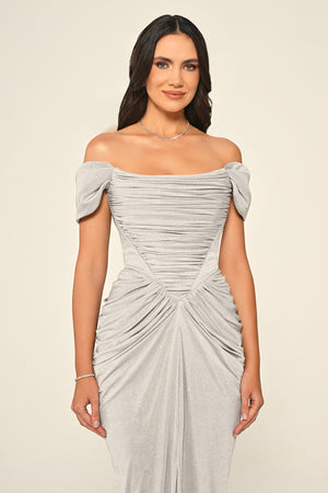 Dropped Sleeve Draped Front Slit Shimmer Fabric Long Dress