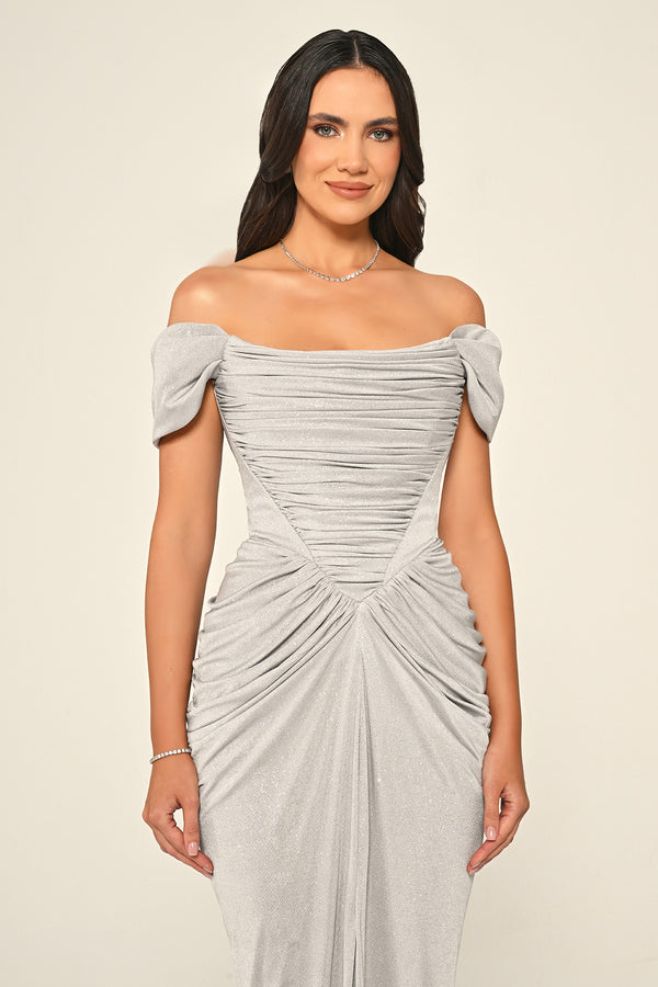 Dropped Sleeve Draped Front Slit Shimmer Fabric Long Dress