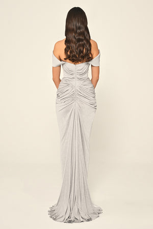 Dropped Sleeve Draped Front Slit Shimmer Fabric Long Dress