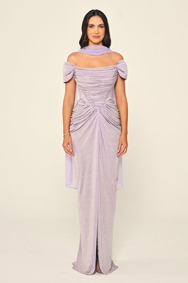 Dropped Sleeve Draped Front Slit Shimmer Fabric Long Dress