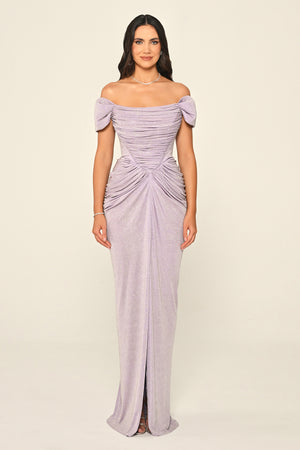 Dropped Sleeve Draped Front Slit Shimmer Fabric Long Dress