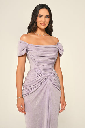 Dropped Sleeve Draped Front Slit Shimmer Fabric Long Dress