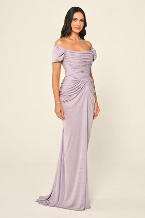 Dropped Sleeve Draped Front Slit Shimmer Fabric Long Dress
