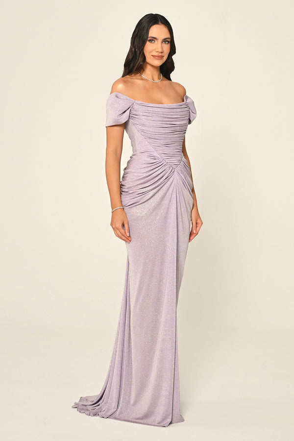 Dropped Sleeve Draped Front Slit Shimmer Fabric Long Dress
