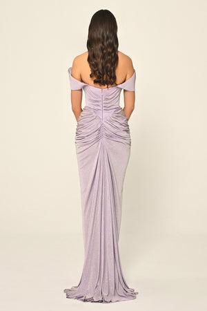 Dropped Sleeve Draped Front Slit Shimmer Fabric Long Dress
