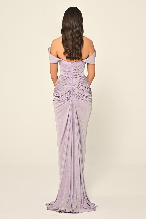 Dropped Sleeve Draped Front Slit Shimmer Fabric Long Dress