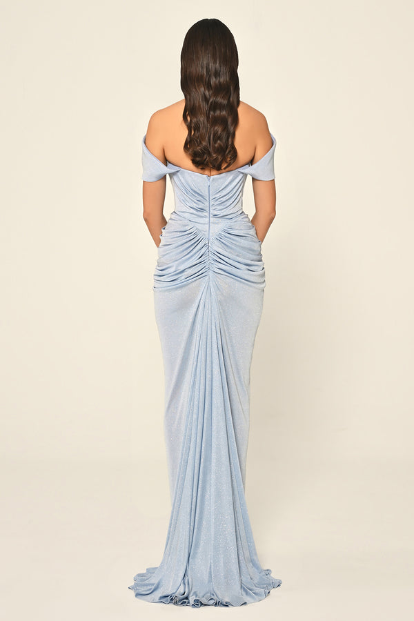 Dropped Sleeve Draped Front Slit Shimmer Fabric Long Dress