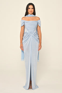 Dropped Sleeve Draped Front Slit Shimmer Fabric Long Dress