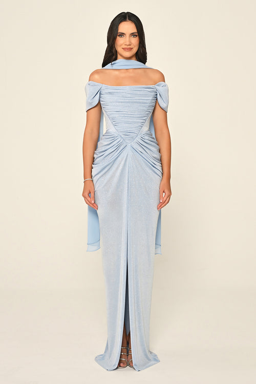 Dropped Sleeve Draped Front Slit Shimmer Fabric Long Dress